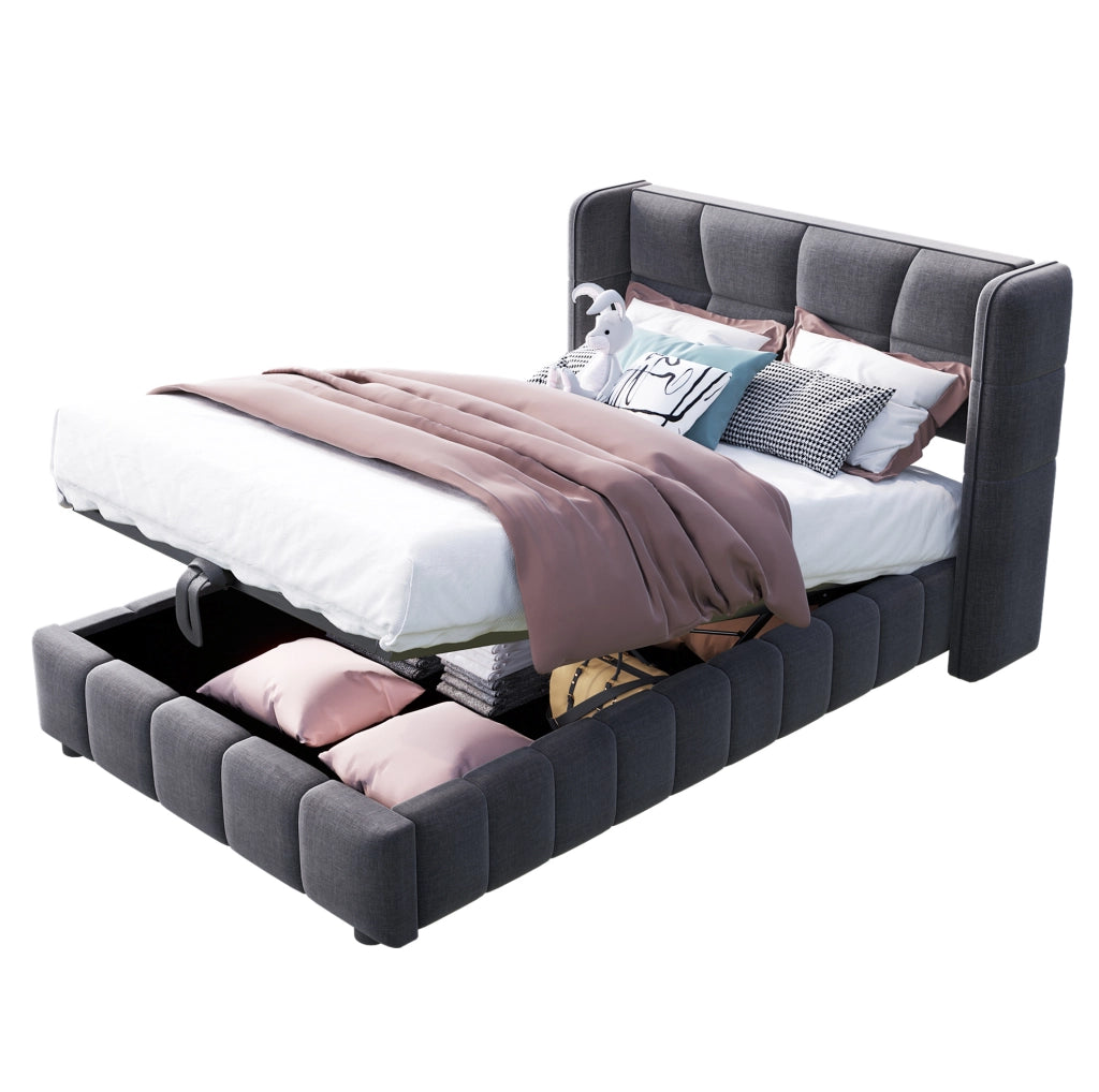 Letto singolo imbottito ULEVR 90x200 cm con contenitore sollevabile e testiera laterale ampia, grigio