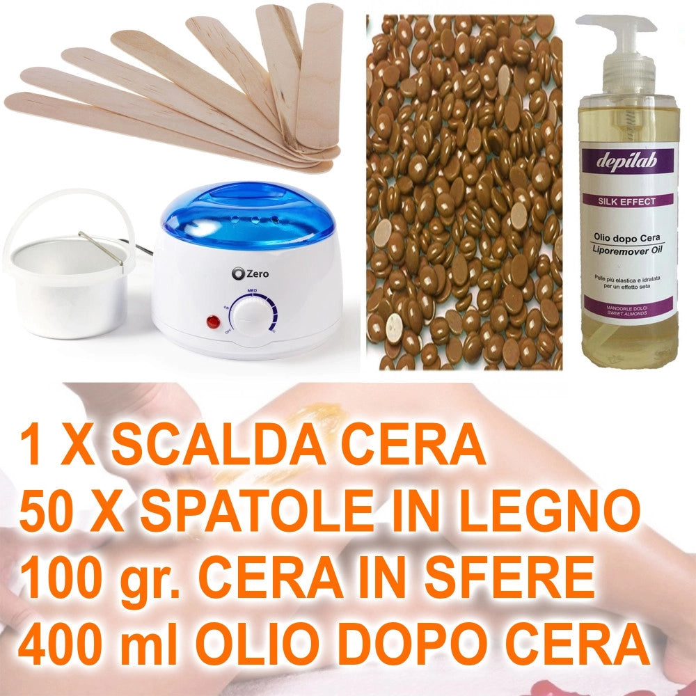 Trade Shop - Kit Depilazione Ceretta Brasiliana Con Scaldacera Spatola In Legno Olio Sfere -