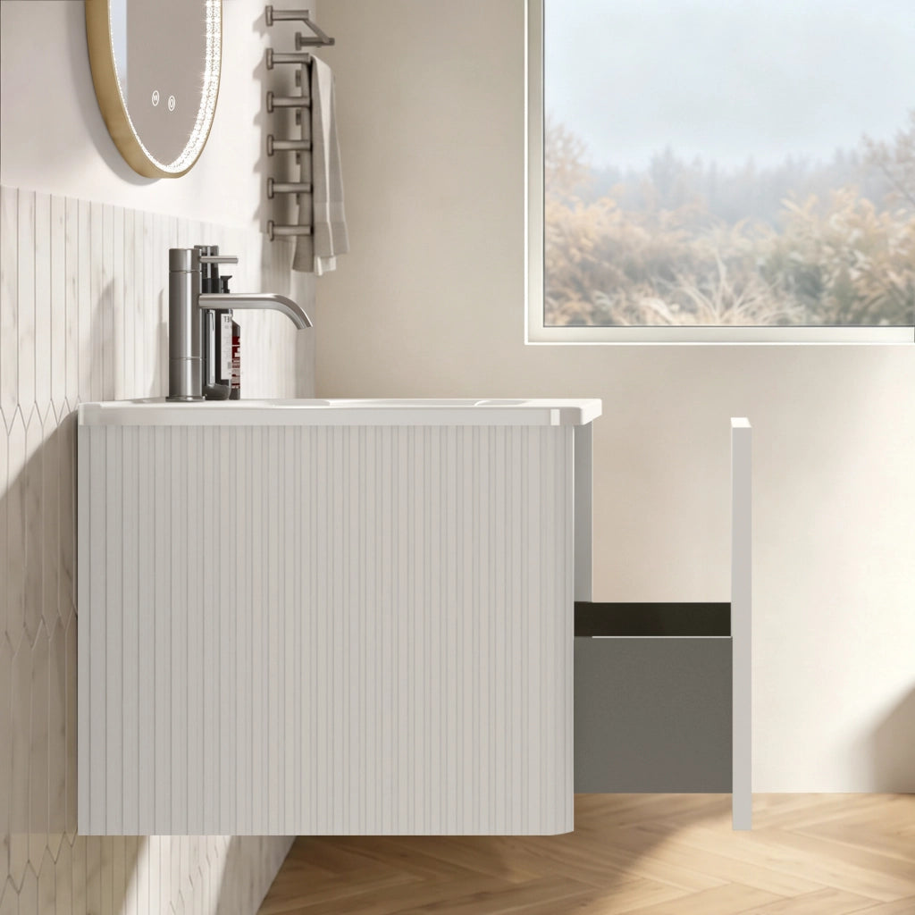 Mobile bagno sospeso con lavabo integrato; 1 cassetto e specchio LED con antiappannamento per bagno; bianco