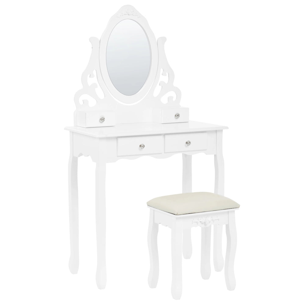 Tavolo da Toeletta Bianco Sgabello Specchio Ovale Inclinabile 4 Cassetti Soggiorno Design Scandinavo