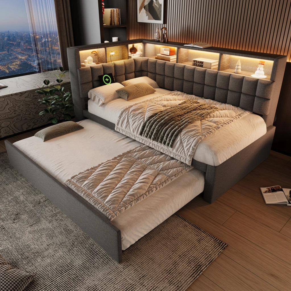 Letto a Divanetto 90x200 cm - Estraibile; USB; Type-C; LED e Mensole - Grigio