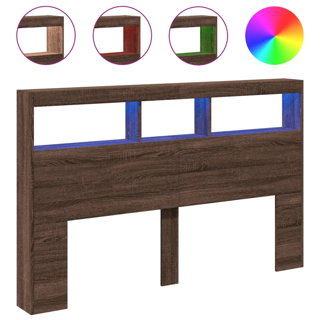 Testiera con Contenitore a LED-Testiera con Ripiani Rovere Marrone 160x17x102 cm