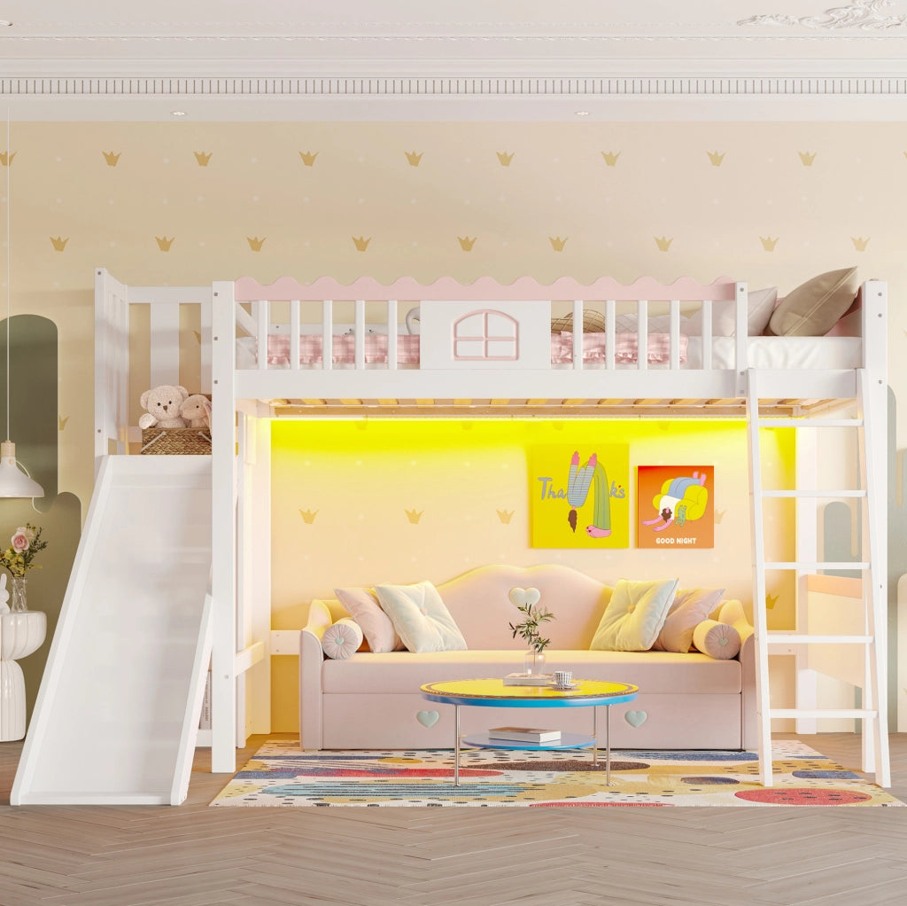 Letto a soppalco per bambini 90x200 cm con scivolo e LED