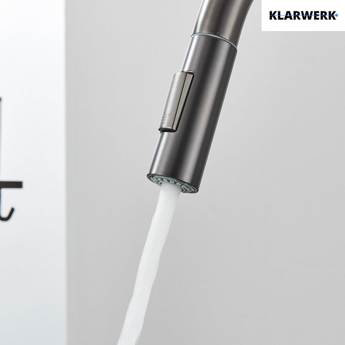 JANA | Rubinetto da cucina estensibile Premium in acciaio inox grigio titanio miscelatore arco alto | alta pressione ruotabile a 360° 2 attacchi