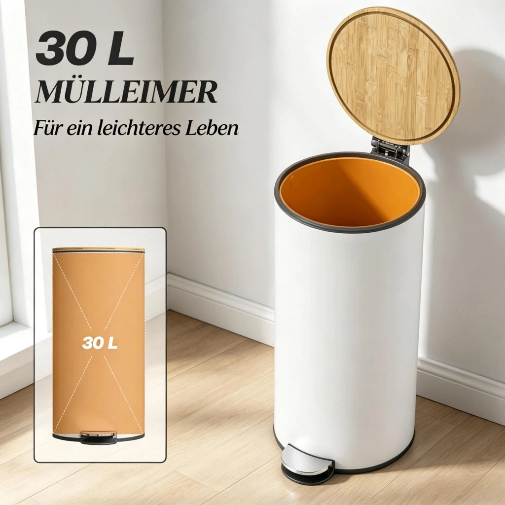 Pattumiera da cucina da 30 litri, con pedale, contenitore interno removibile e coperchio con chiusura ammortizzata.