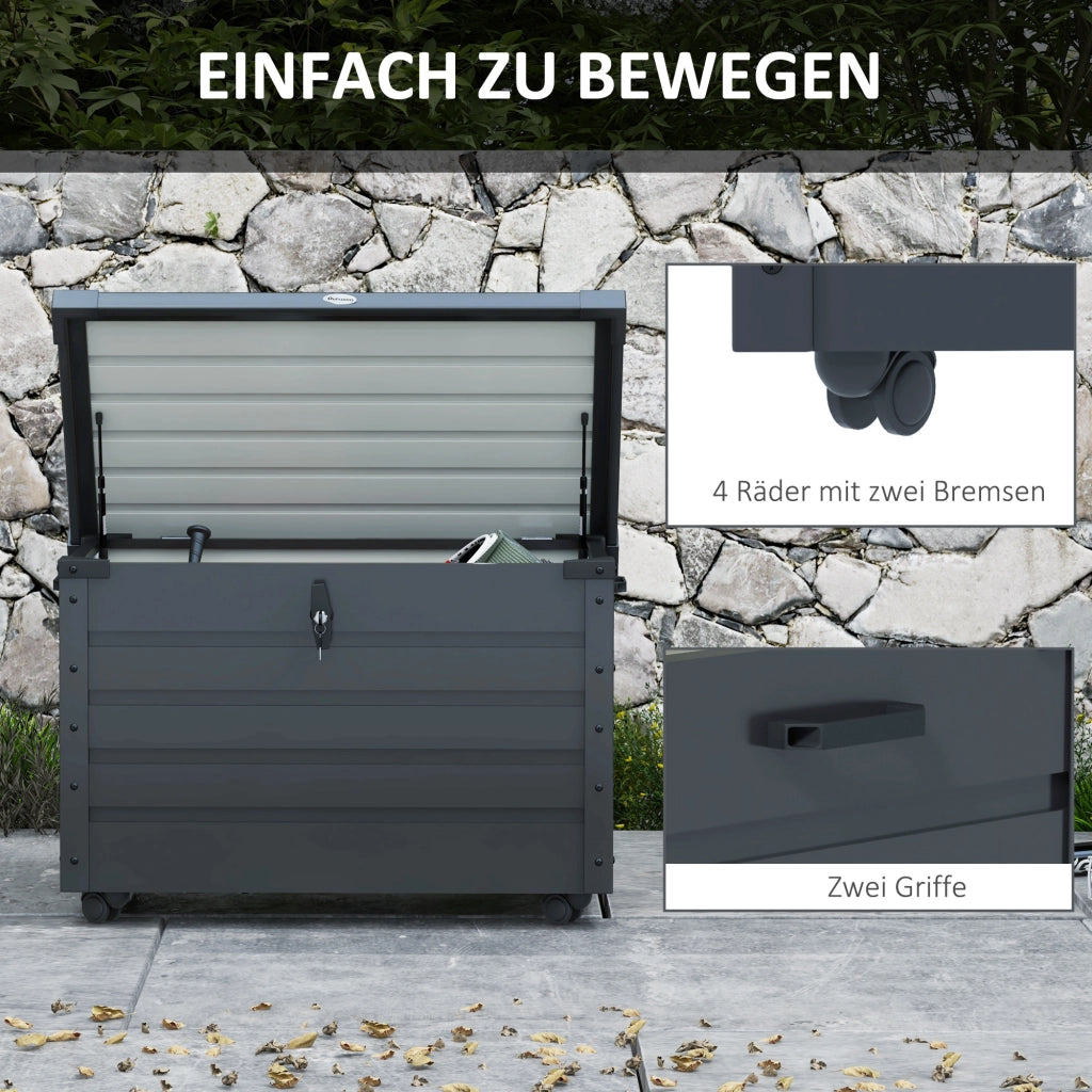 OKWISH Cassapanca da Giardino con Ruote, Freni, Maniglie e Coperchio con Serratura, Acciaio, Grigio Scuro