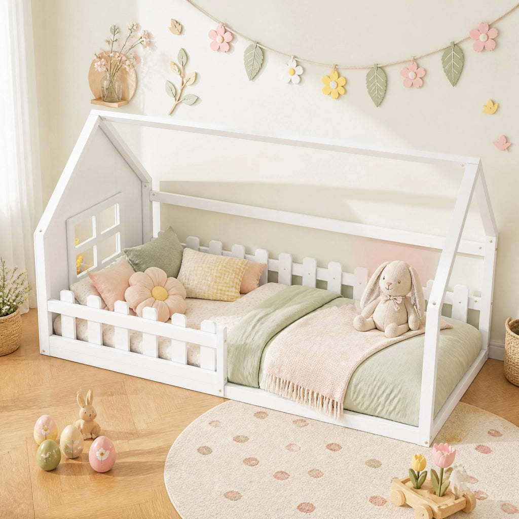 DESMIU Letto per Bambini a Casetta 1 Posto con Struttura a Casa, 90 × 200 cm, Senza Materasso, in Pino e MDF, Bianco