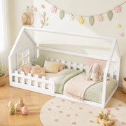 DESMIU Letto per Bambini a Casetta 1 Posto con Struttura a Casa, 90 × 200 cm, Senza Materasso, in Pino e MDF, Bianco