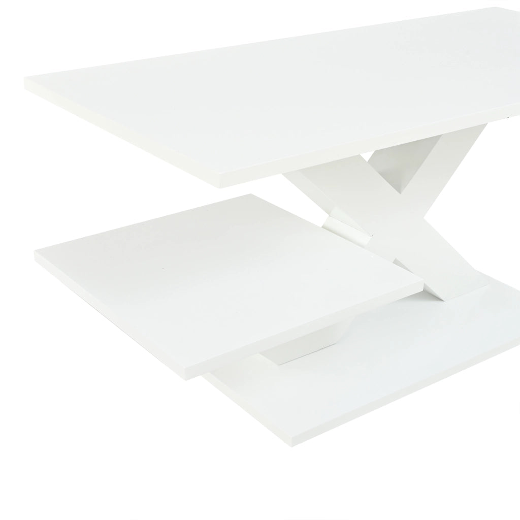Tavolino lucido, piano a doppio livello, in MDF, con gambe a X, 100x48x45 cm, bianco