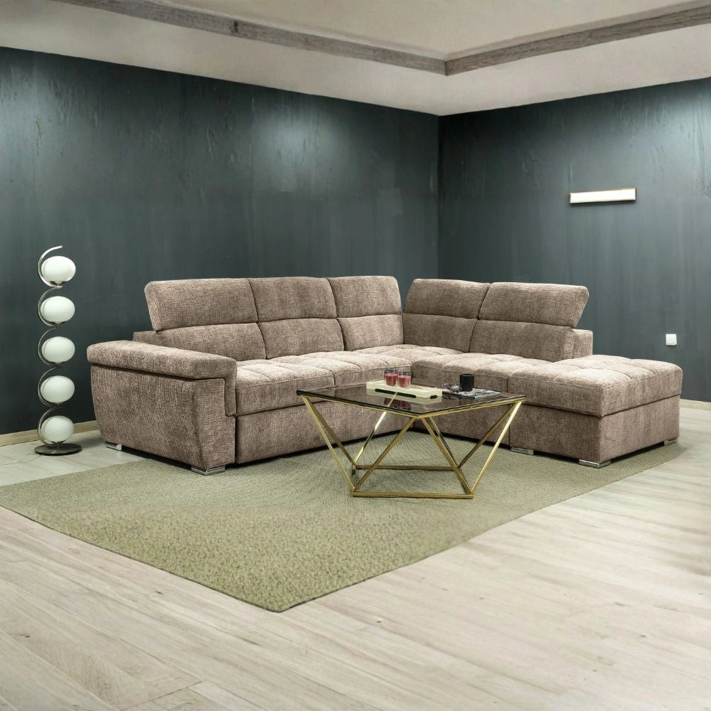 Divano letto angolare reversibile Amalfi con 5 poggiatesta regolabili e pouf in tessuto cappuccino