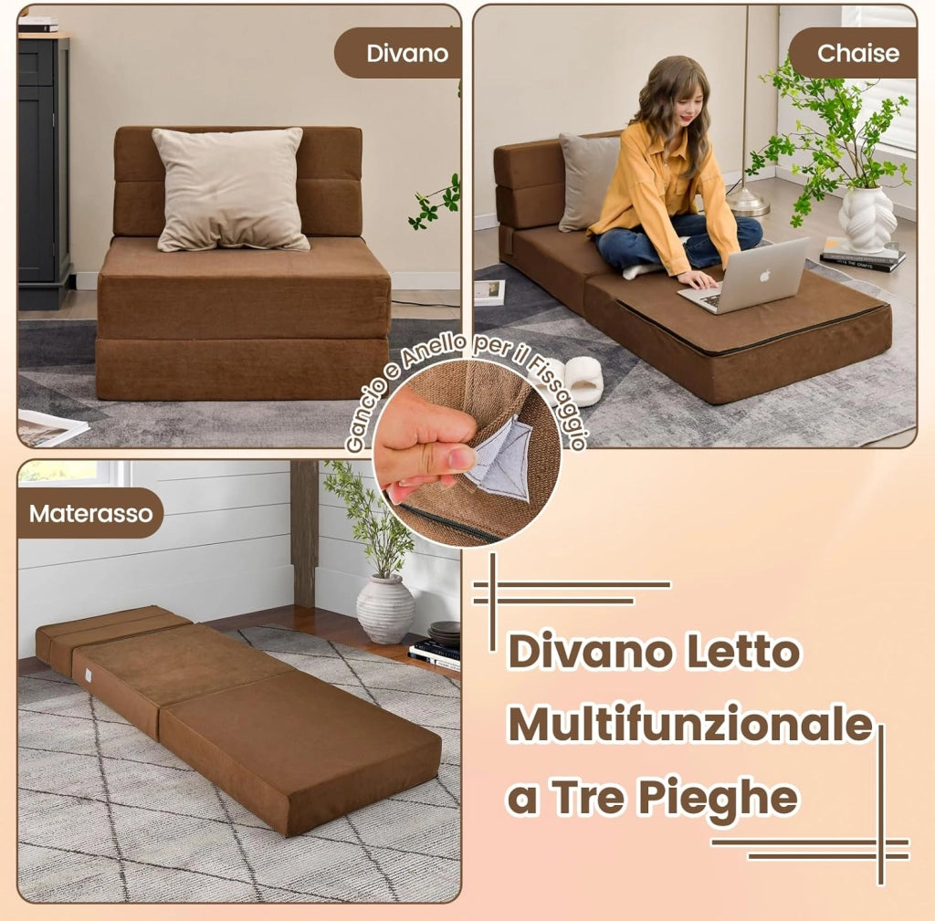 3 in 1 Divano Letto, Materasso da Pavimento 15 cm in Schiuma ad Alta Densità Traspirante, Letto Ospite Portatile per Soggiorno Camera (Marrone)
