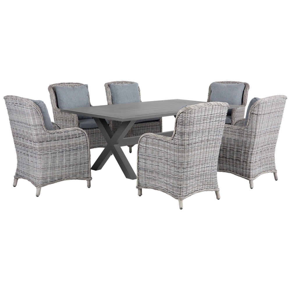 Set da pranzo da giardino Tavolo da 6 posti in rattan sintetico grigio e 6 sedie con cuscini grigi