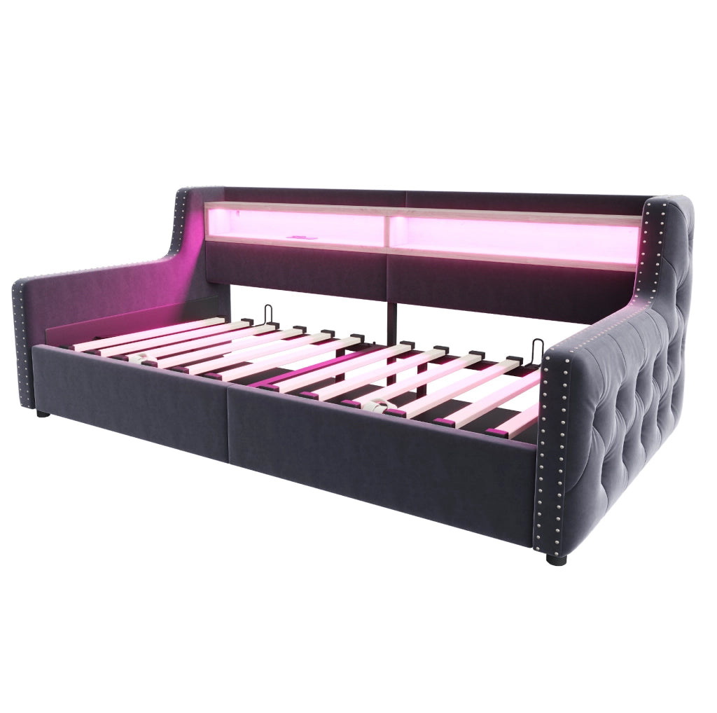 Divano letto imbottito 90x200 cm con contenitore; LED; mensola; presa USB e Type-C; velluto grigio