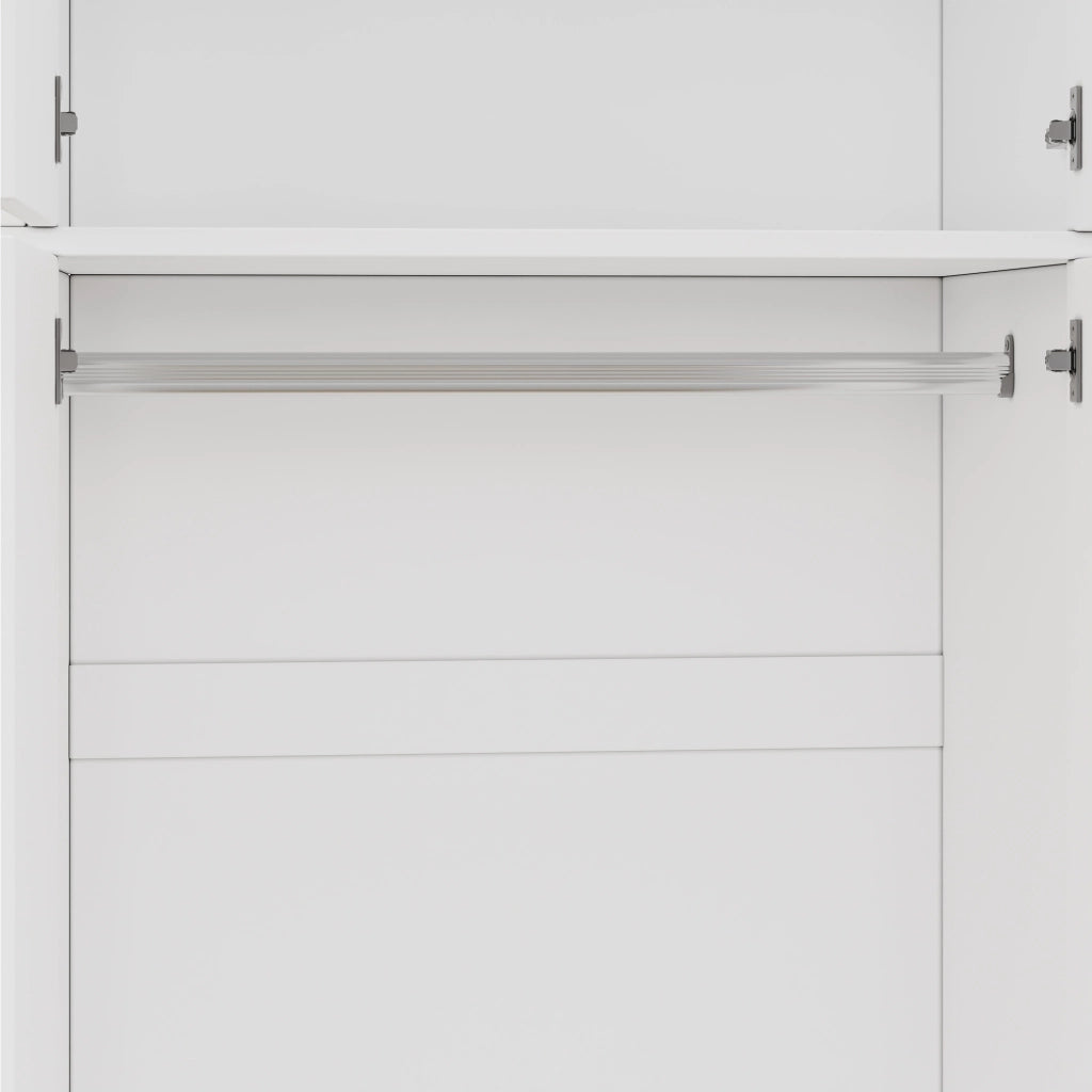 Armadio a 3 ante con vani superiori, asta appendiabiti e 2 cassetti, 120x50x180 cm, bianco