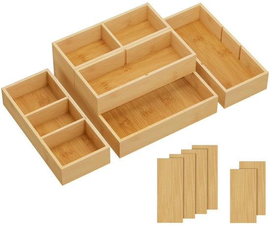 Set di 5 organizzatori per cassetti con 6 accessori, scatola di archiviazione regolabile con 11 compartimenti, separatori in legno per cassetti con accessori da cucina, make-up, gioielli, ufficio, bagno