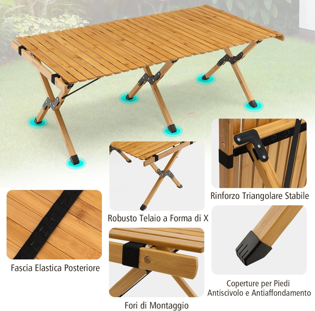 Tavolo da Campeggio Pieghevole di Bambù, Tavolo da Picnic Leggero con Borsa di Trasporto, Tavolo da Esterno per Campeggio, Trekking, Pesca e Barbecue, 122 x 60 x 43,5 cm (Naturale)