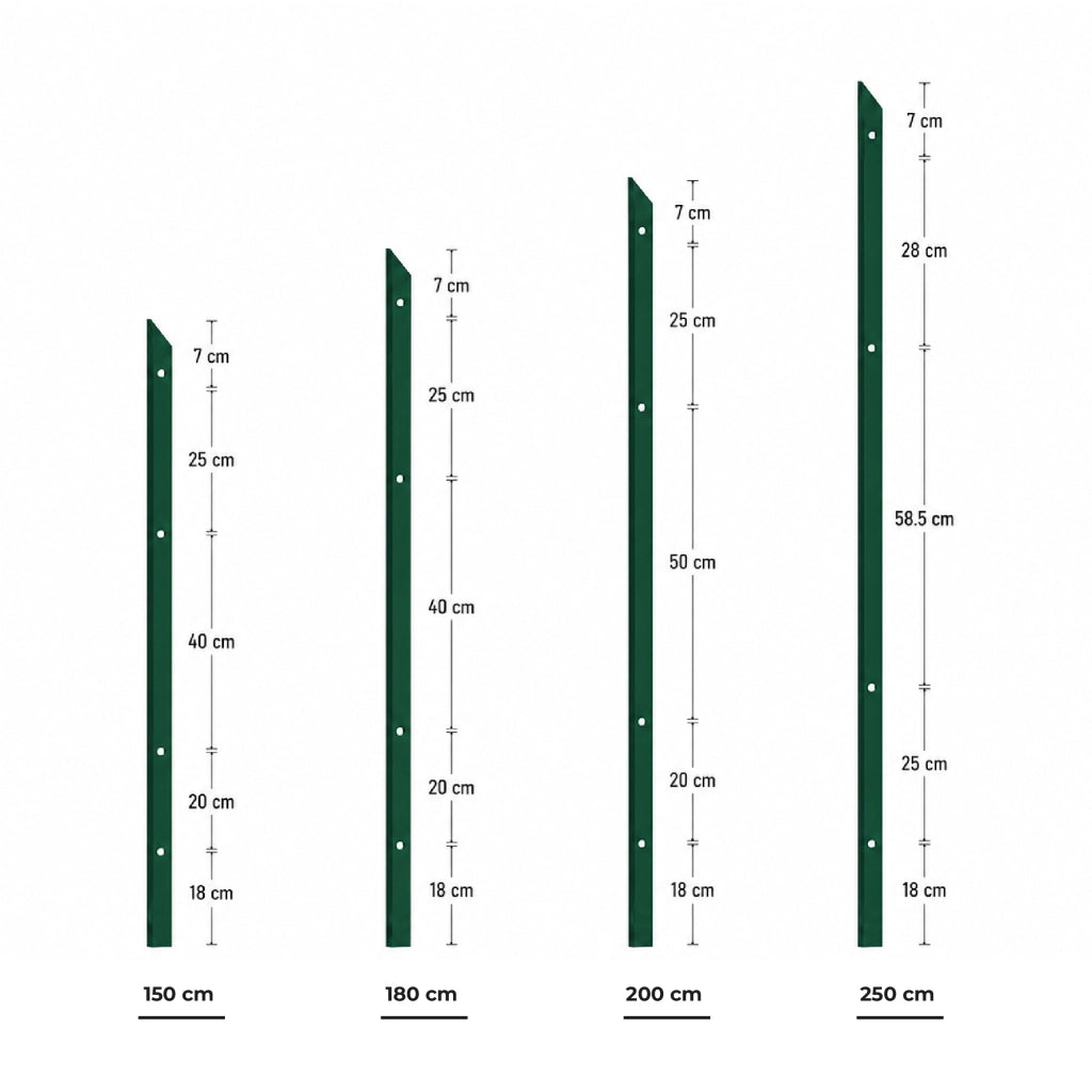 Pali per Recinzione in Acciaio Verde con Rivestimento PVC – Paletti a T con Punta Appuntita e Fori per Fissaggio Rete Metallica da Giardino, Orto e Recinti Esterni Resistenti alla Ruggine 10 Pezzi-150cm