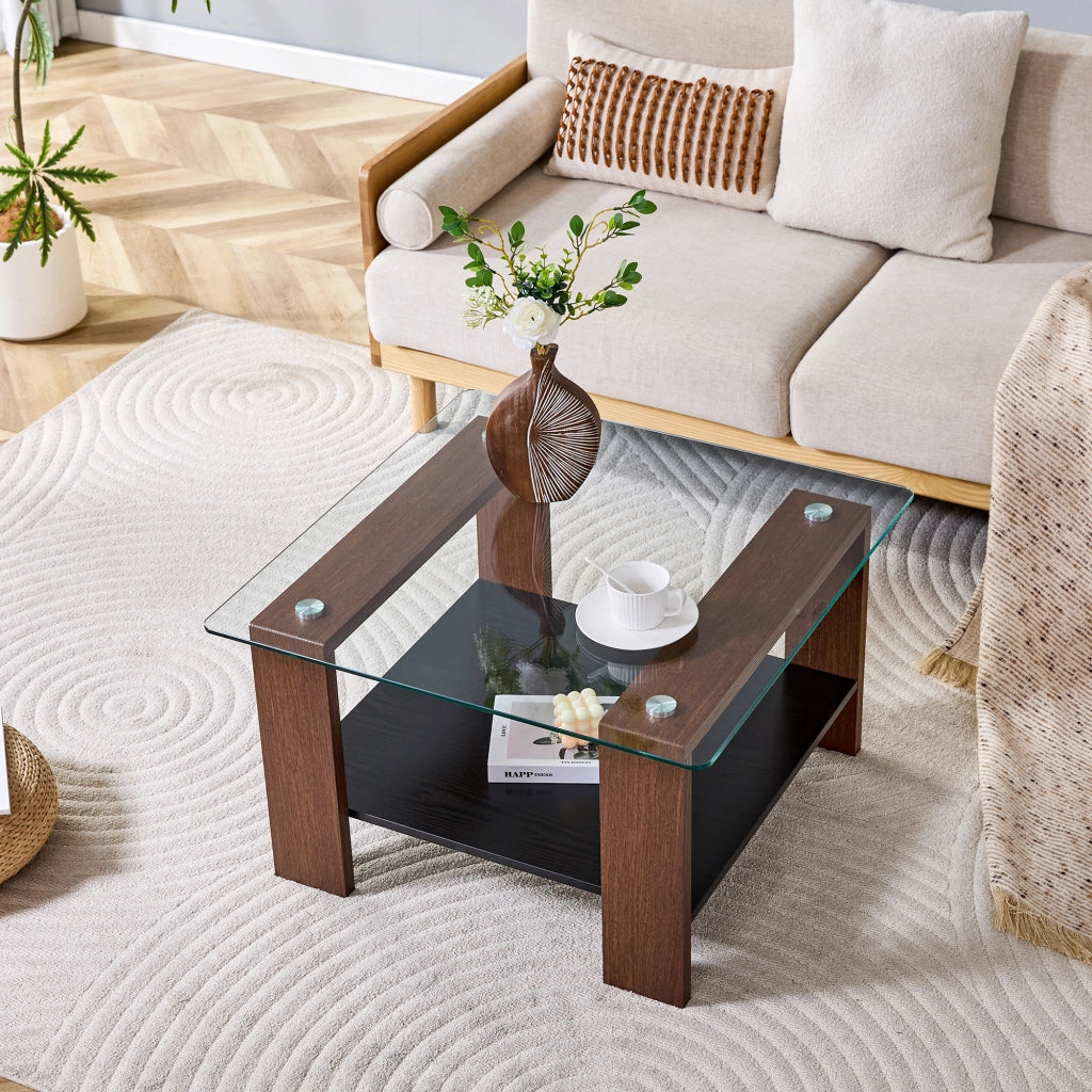 Tavolino basso con piano in vetro temperato e ripiano contenitore per soggiorno in MDF e vetro noce 65 × 41 × 45,5 cm
