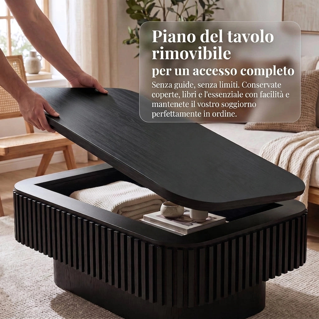 Tavolino da salotto 98 cm; coffee table with hidden storage e coperchio rimovibile; MDF e legno; nero