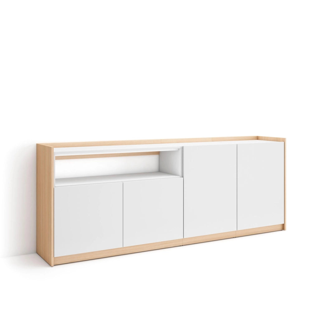 Credenza, Mobile, Cucina, 207x80x37 cm, 4 Porte, grande stoccaggio, Bianco e Rovere soft