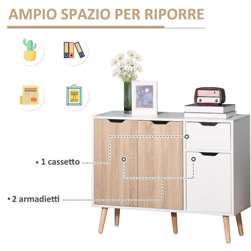 MOBILE MULTIUSO IN LEGNO CON CASSETTO E ARMADIETTI 90X30X72CM BICOLOR