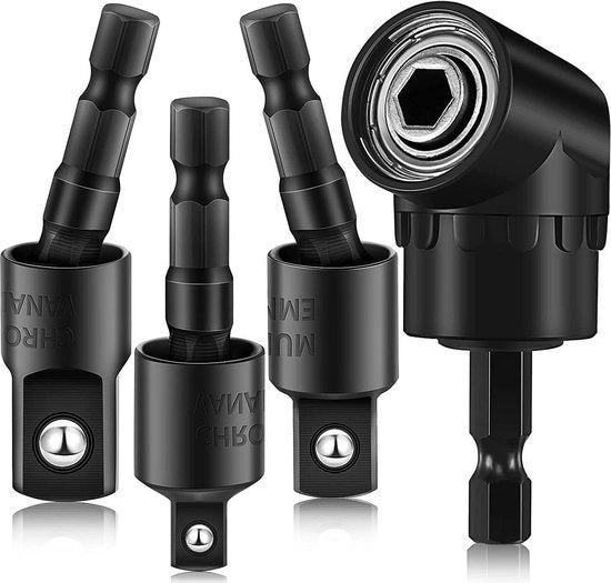 Adattatore per Trapano a Angolo 4-in-1 Estensione per Trapano a Impatto 360° Rotabile Adattatore per Chiave a Impatto da 1/4 3/8 1/2 Pollici Set di Adattatori per Trapano a Angolo 105°