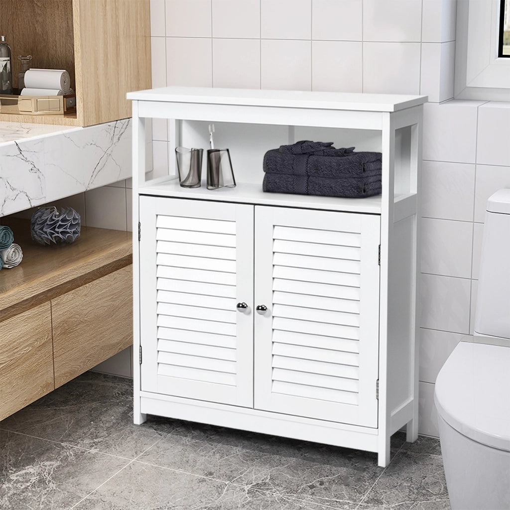 Armadietto di legno con doppie ante a persiana e mensola regolabile, Armadio per bagno e salone Bianco-Armadietti da bagno