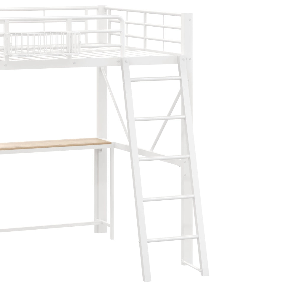 Letto a Soppalco Matrimoniale 140x200 cm; Scrivania; USB; LED e Mensole; Bianco