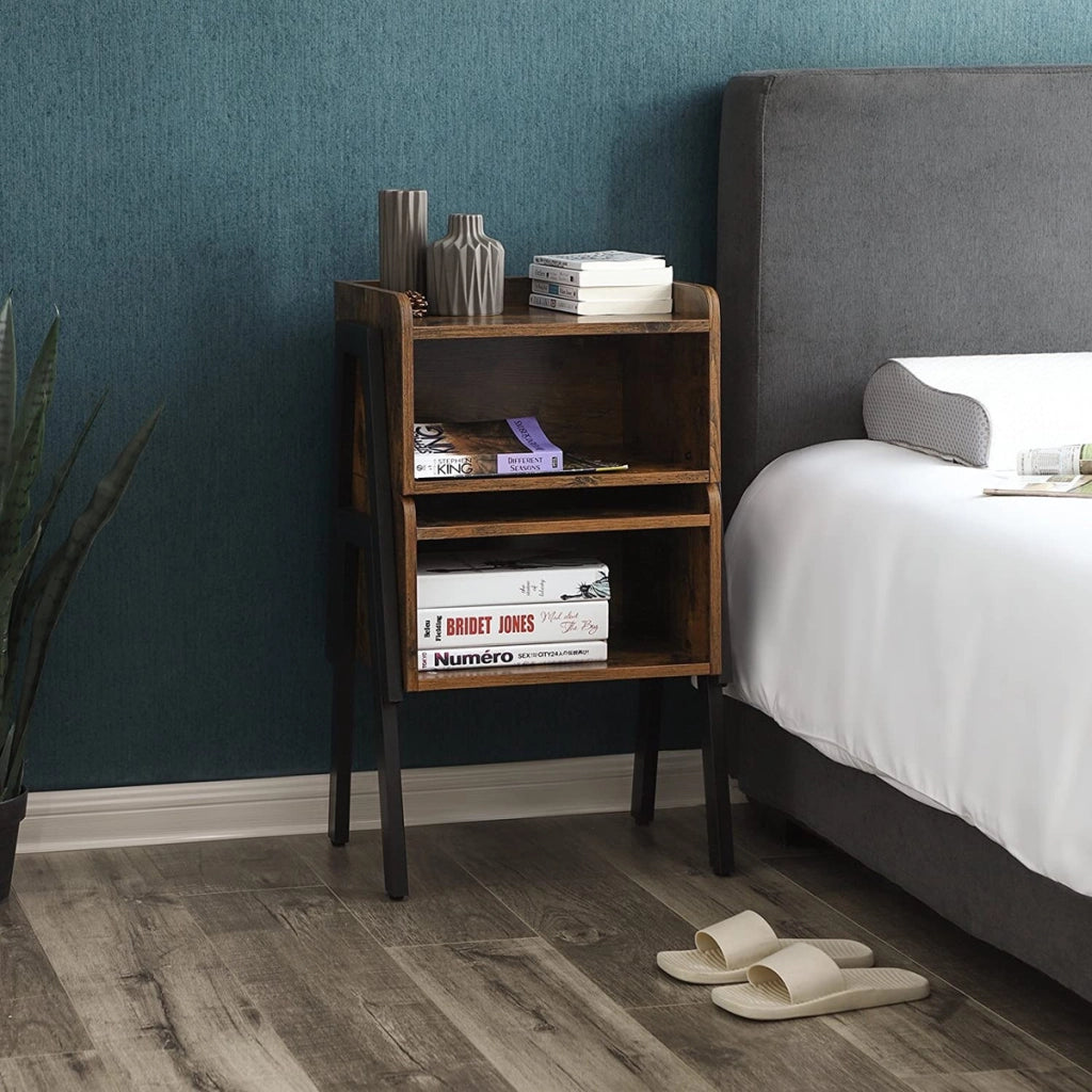Comodino tavolino stile loft rustico in legno e ferro nero LET54X