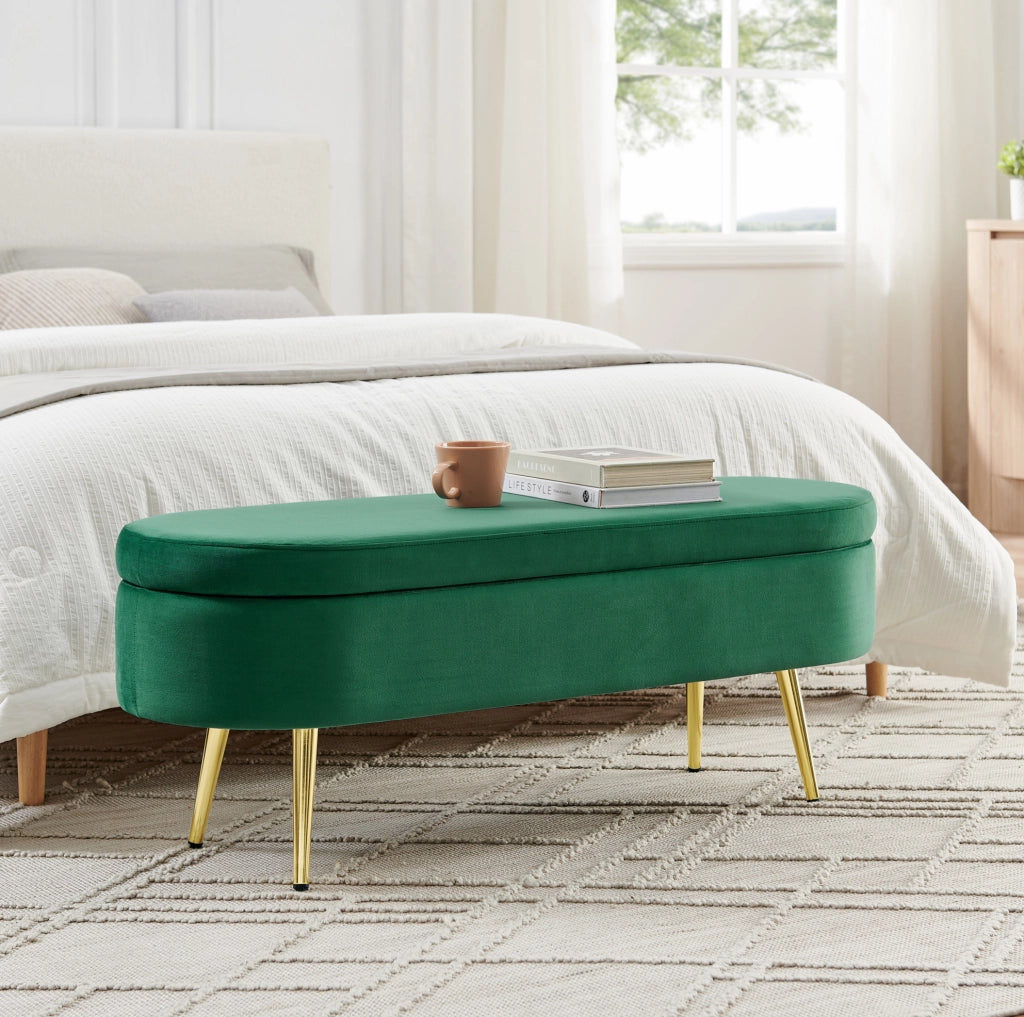 Panca contenitore ovale in velluto verde scuro 110x40x42 cm con base in metallo