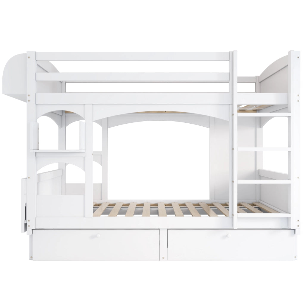 Letto a soppalco per bambini in legno massiccio con scrivania pieghevole, mensola, 2 cassetti e scala, bianco, 90x200 cm