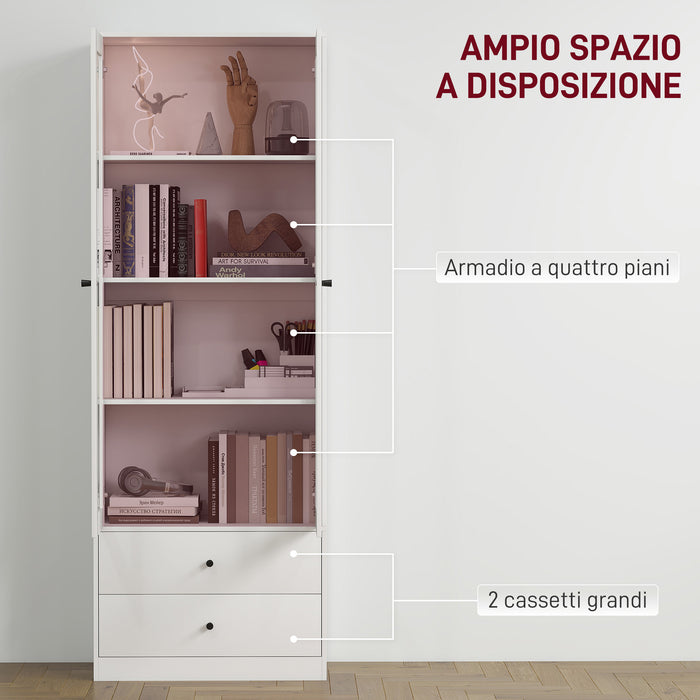 Credenza Cucina 59x30x164 cm Ante in Vetro e 2 Cassetti Bianco