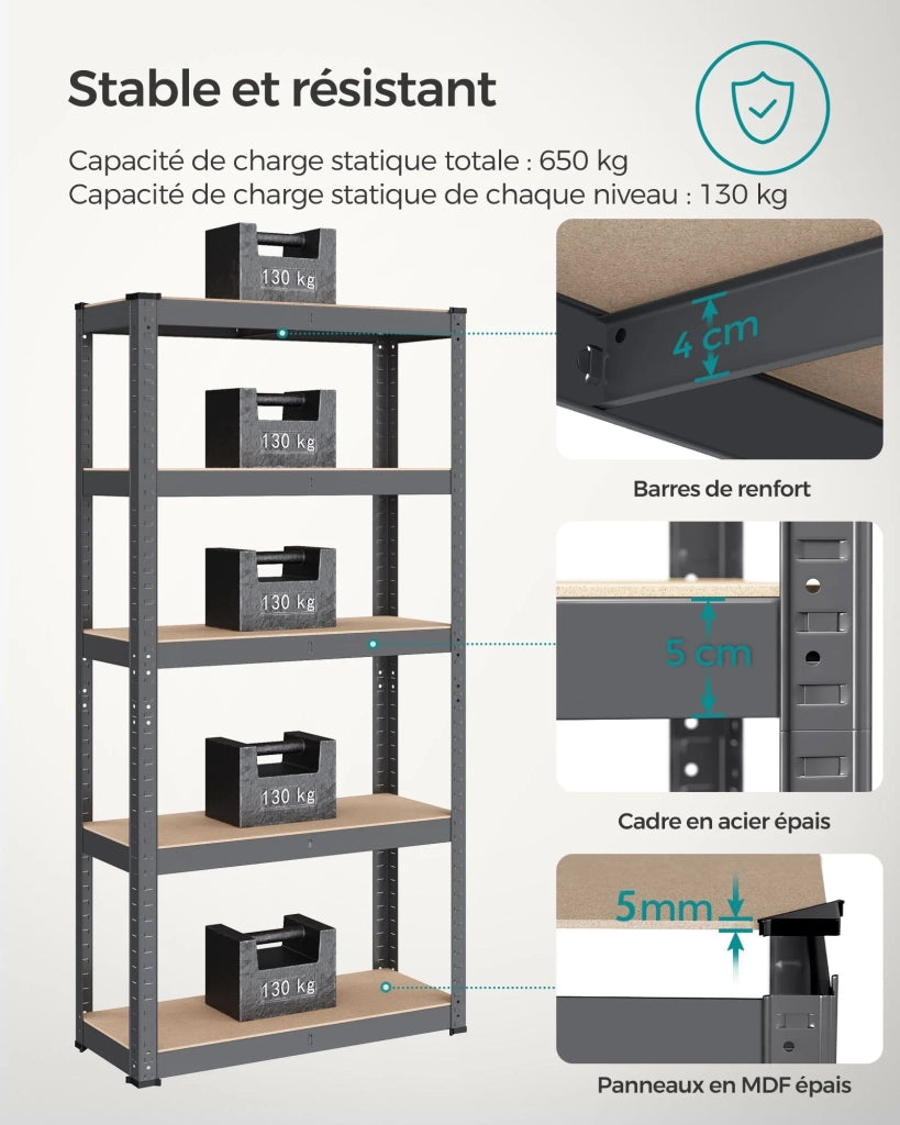 Scaffale per carichi pesanti a 5 ripiani 150 x 75 x 30 cm Carico totale 650 kg (130 kg/ripiano) Scaffale in stile industriale Ripiani regolabili per soggiorno Cucina Grigio 1 12_0005446