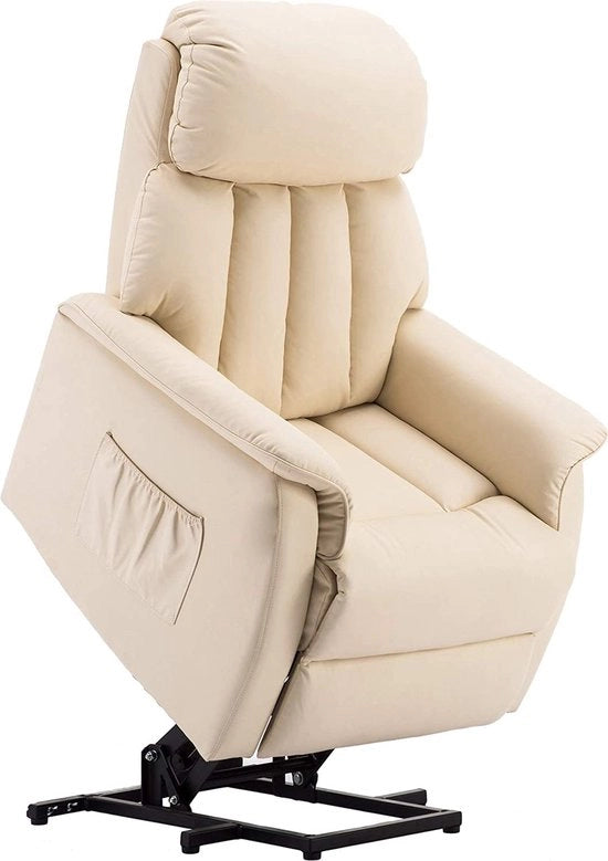 Sedia Relax elettrica Luxe - Angolo di 140 gradi - Supporto per i piedi - Sedia di relax - Connetti USB - Bianco Crème - Pelle in pelle - Retro - Sedia per la TV - Funzione di alzamento - 77 x 72 x 110 cm