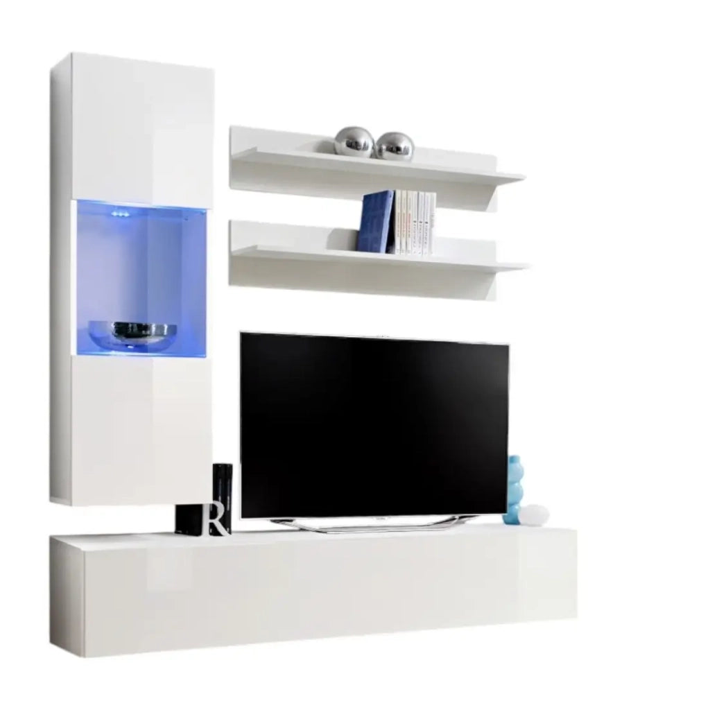 Mobile TV FLY H3 design, colore bianco lucido. Mobile sospeso moderno e alla moda per il tuo soggiorno.