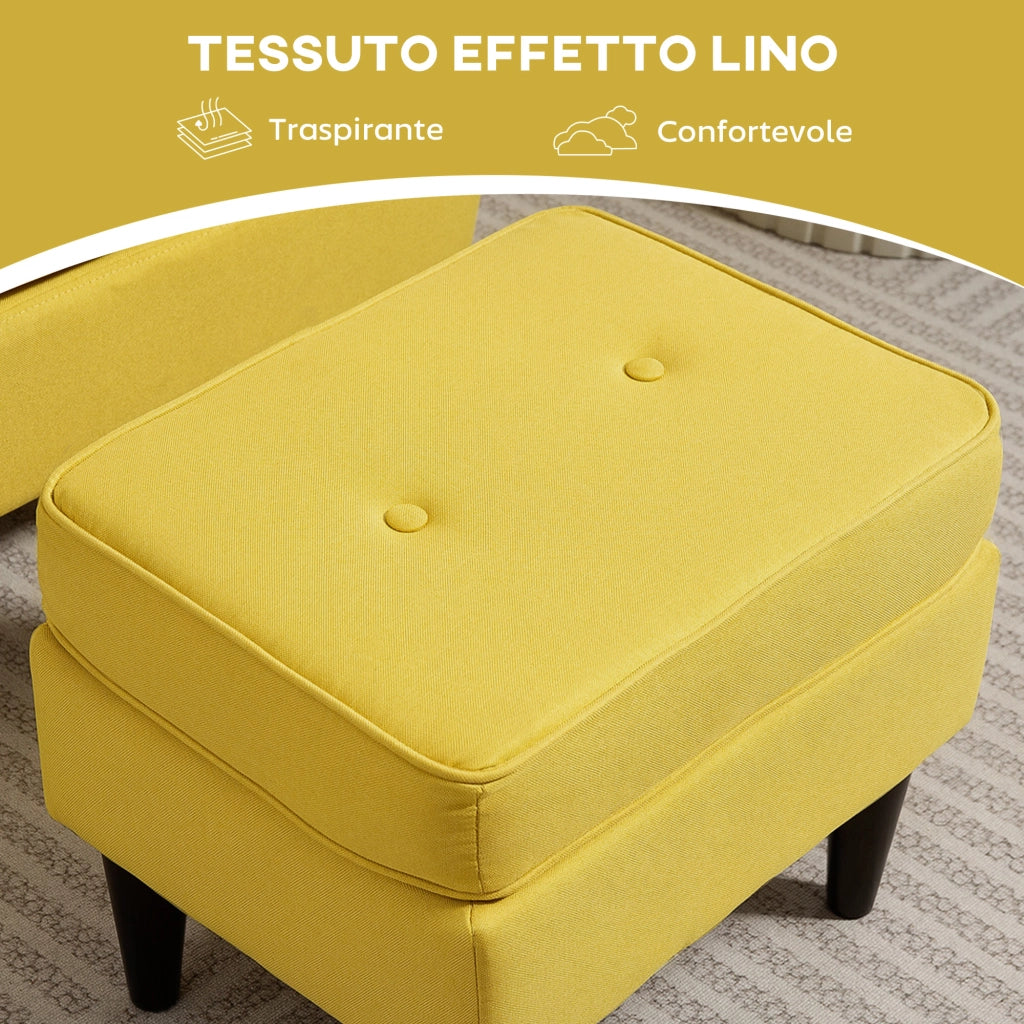 Poltrona con Poggiapiedi in Stile Moderno 75x83x104 cm in Tessuto Effetto Lino e Legno Giallo