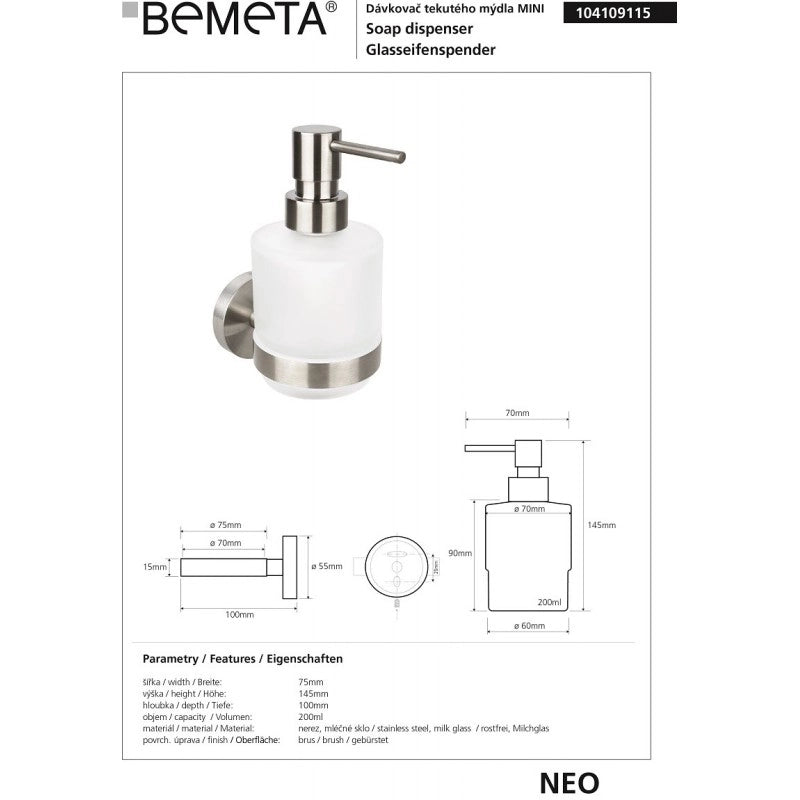 NEO Dispenser di sapone in vetro 200ml / 15x10x7,5cm