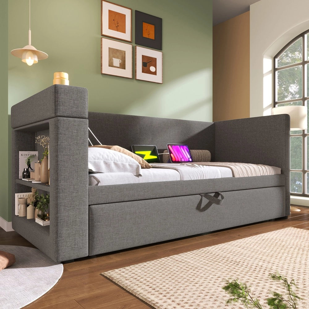 Letto Singolo Imbottito con Estraibile ¨C MINIMAL ¨C Tessuto Grigio 90x190