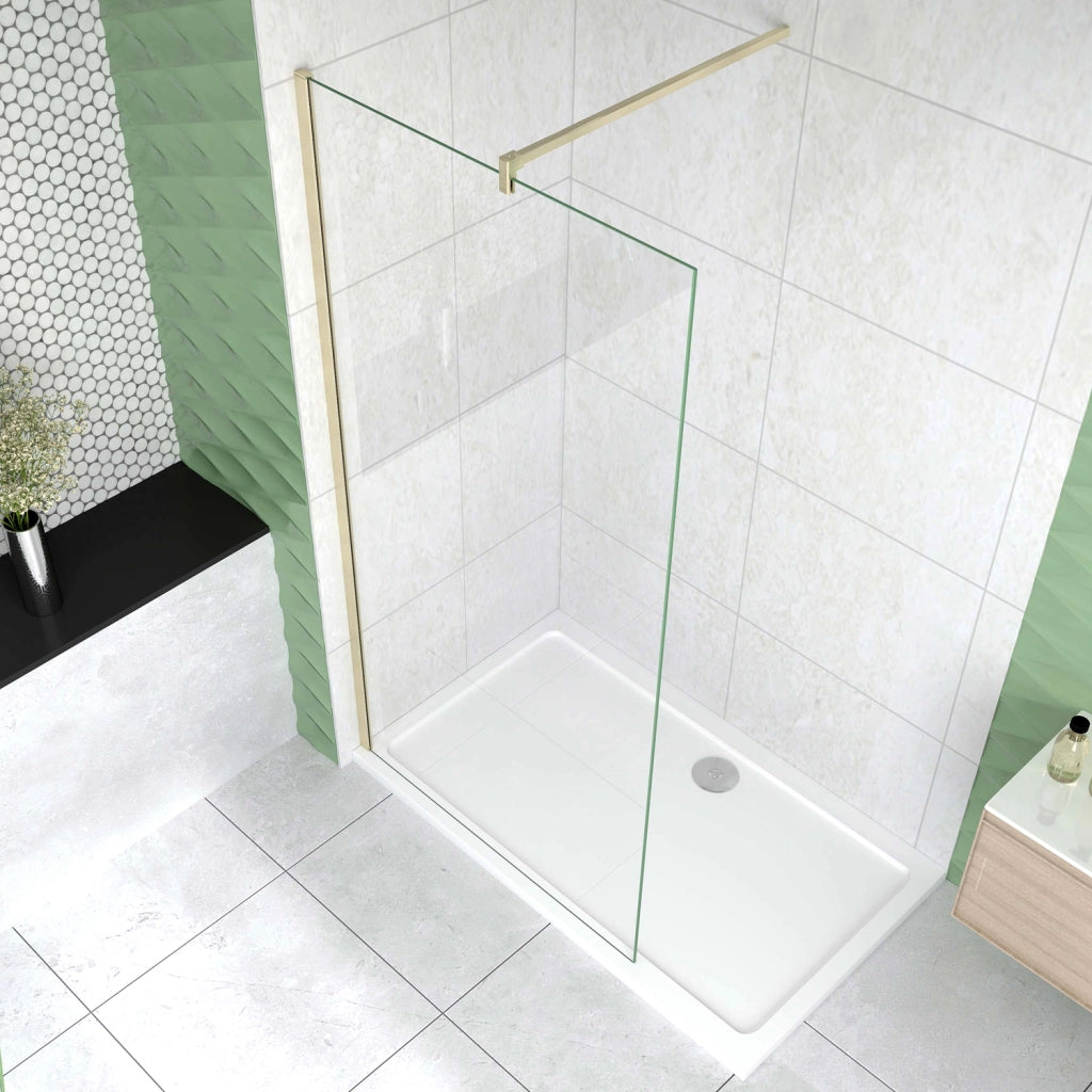 Box Doccia Walk In 80x200 cm Parete Fissa Vetro 8 mm Trasparente Anticalcare Oro Spazzolato Barra Stabilizzatrice 90 cm