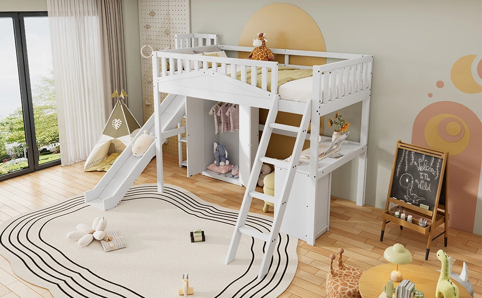 Letto a soppalco per bambini 90x200 cm bianco con scivolo, scrivania e armadio