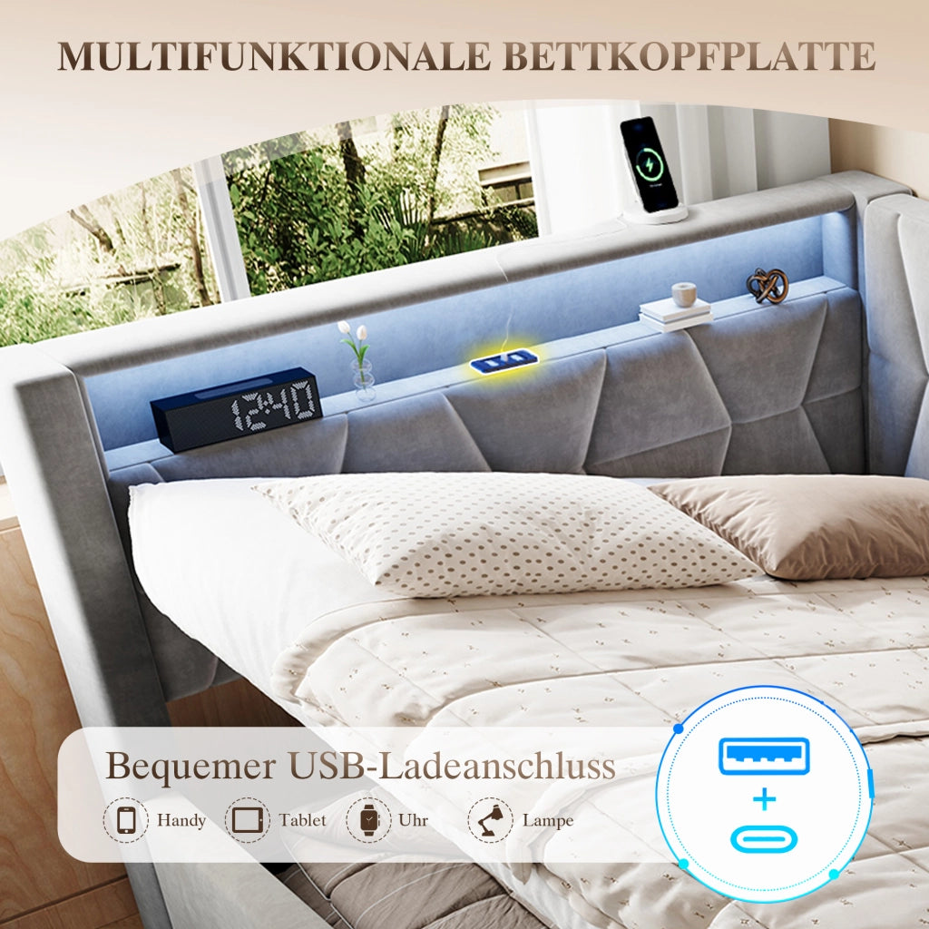 LETTO imbottito 140x200 cm con contenitore, velluto grigio scuro, LED, USB e Type-C