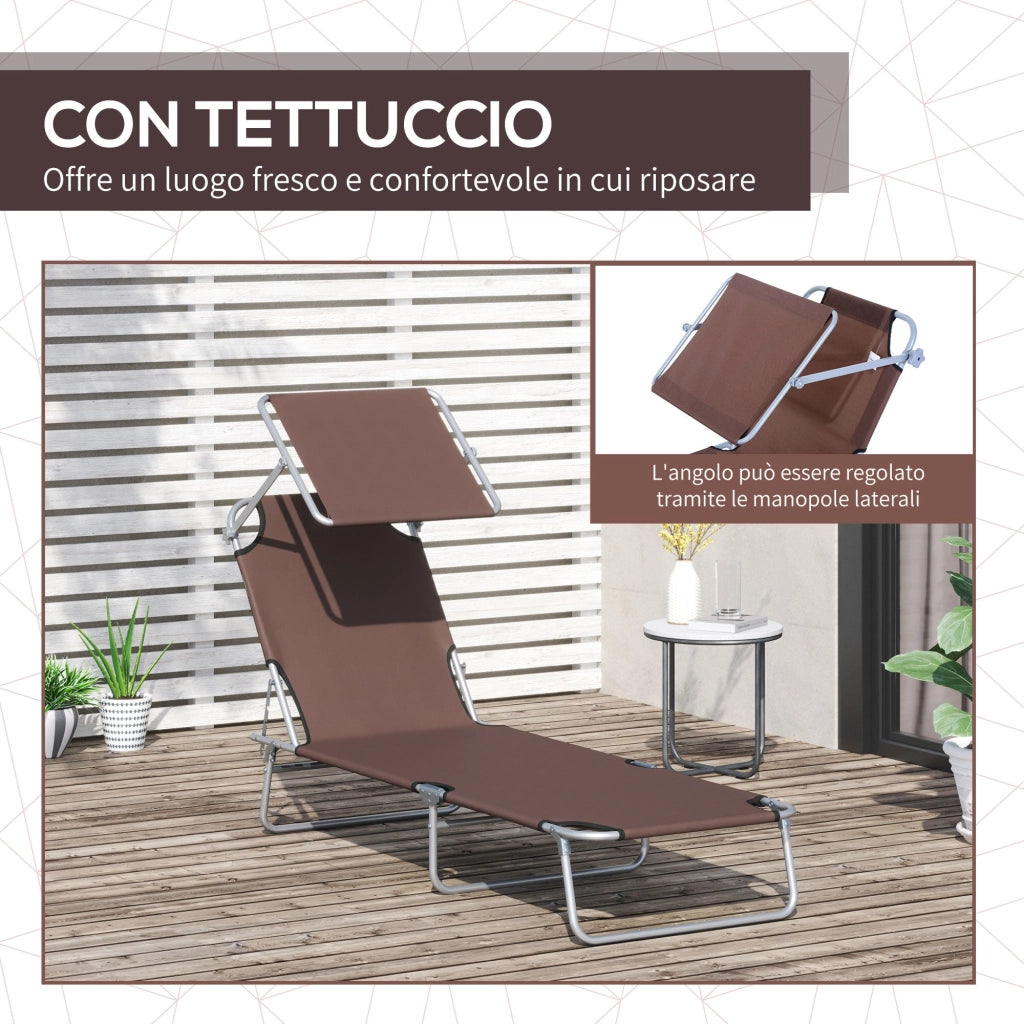 Lettino Prendisole in Ferro Pieghevole Reclinabile con Tettuccio Parasole Oxford Marrone