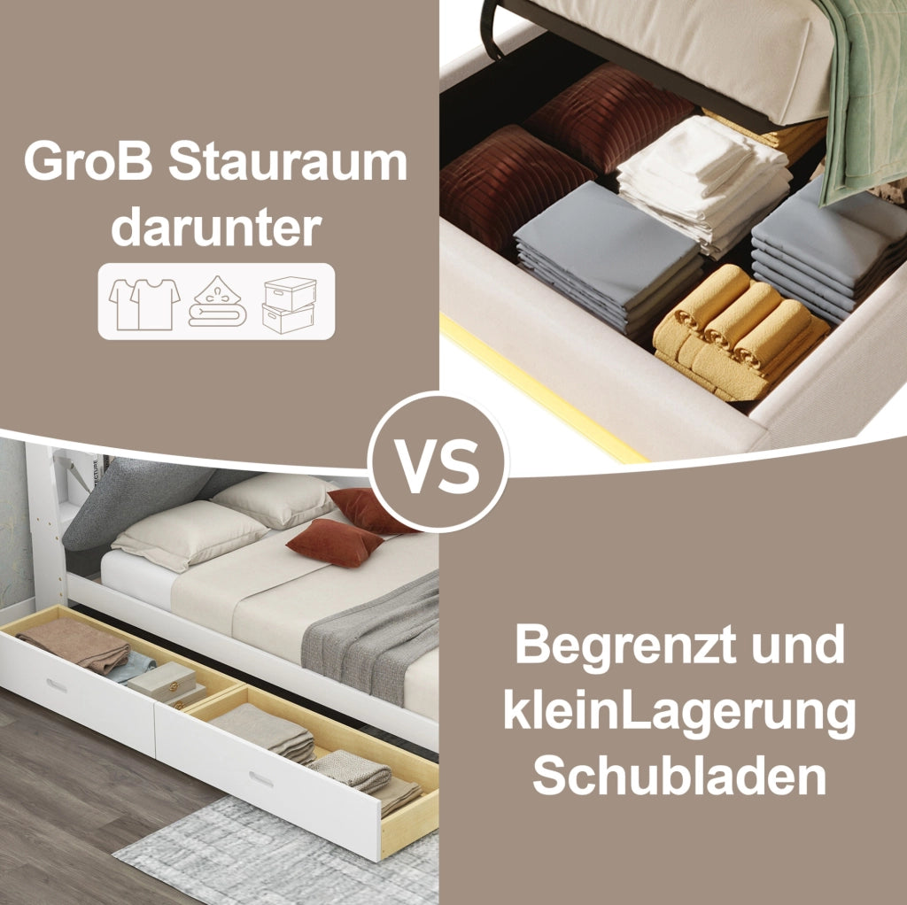 Letto imbottito 90x200 cm con LED, USB/Type-C e vano contenitore