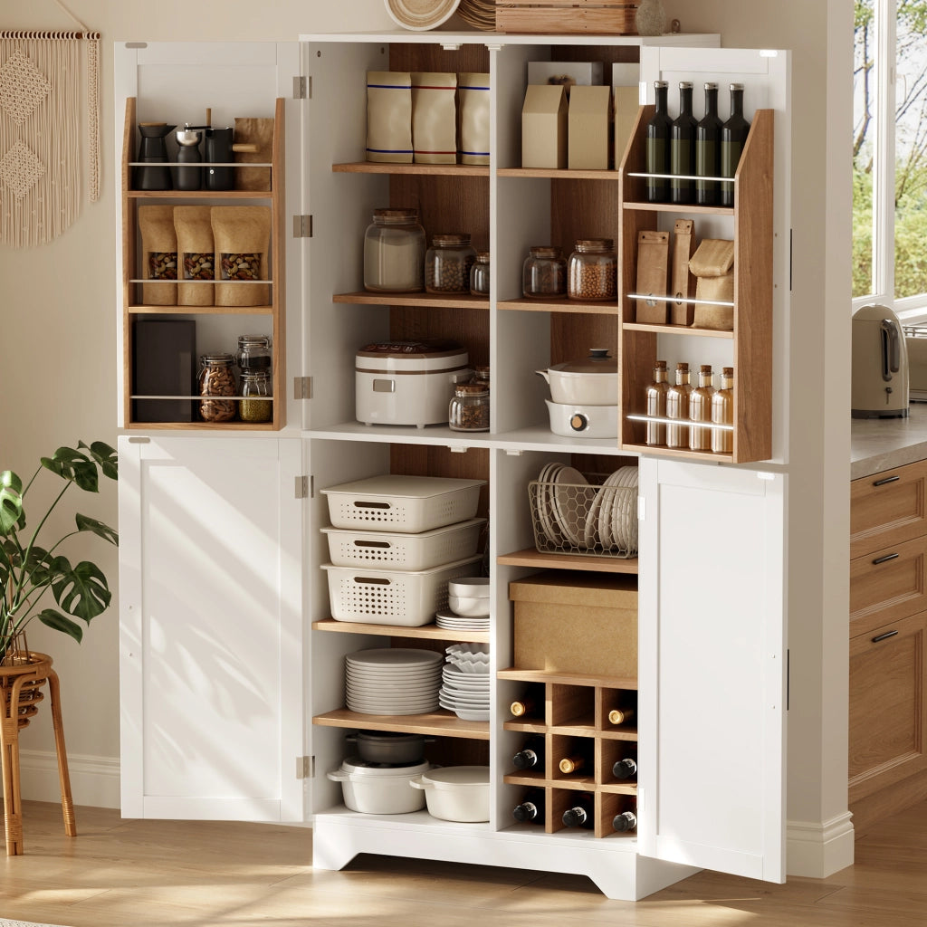 Mobile contenitore cucina alto 80×40×180 cm, 4 ante stile granaio, portabottiglie, MDF bianco/naturale