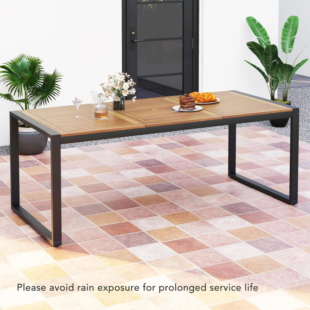 Tavolo da giardino in legno di acacia per 8 persone, 200 x 90 x 75 cm, con foro per ombrellone, struttura in metallo, colore Naturale E Nero