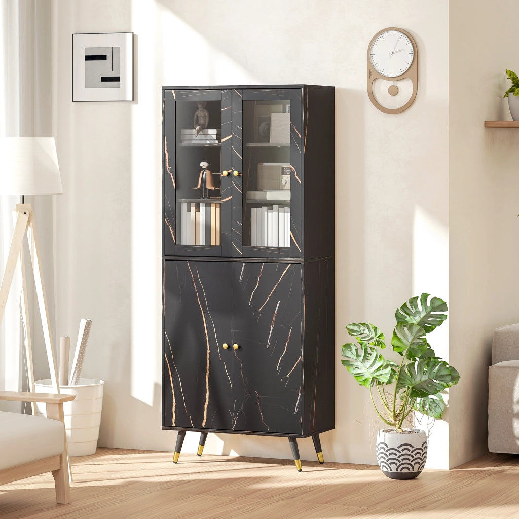 Libreria 6 livelli con ante vetrate e ripiani aperti ¨C zephmum ¨C 70x35x170 cm nero