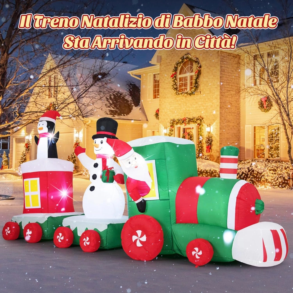 Treno di Natale Gonfiabile 350 cm con Pupazzo di Neve e Luci LED | Decorazione Natalizia da Esterno con Babbo Natale alla Guida, Pinguino e Scatola Regalo per Festa, Giardino e Cortile