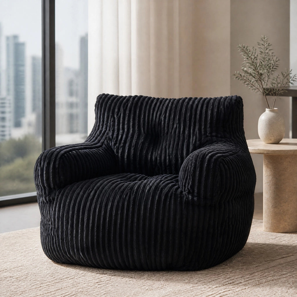 Pouf sacco imbottito in morbido corduroy nero, 100 × 94 × 70 cm, portata 110 kg