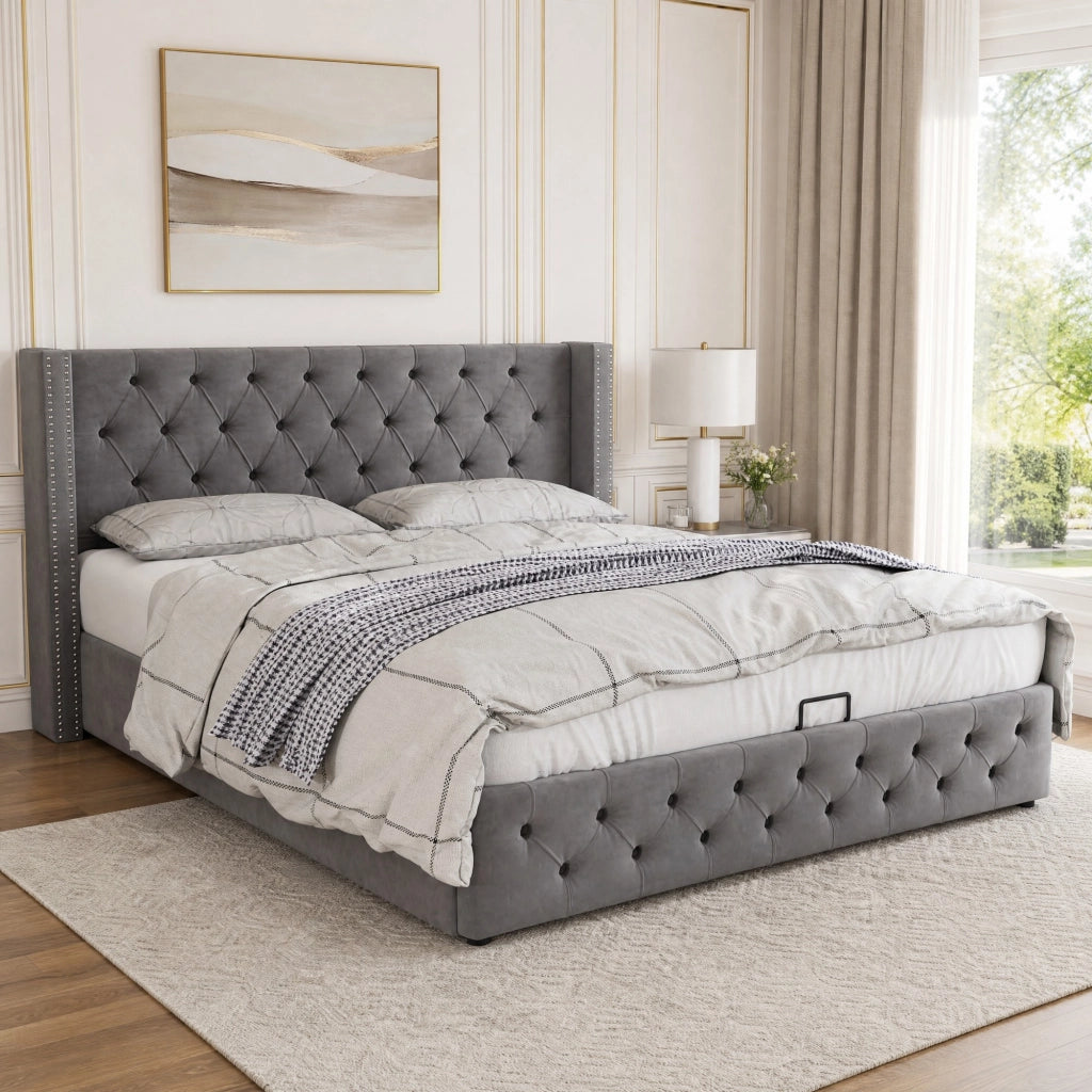 LETTO Contenitore 180x200 cm in Velluto Grigio stile Chesterfield