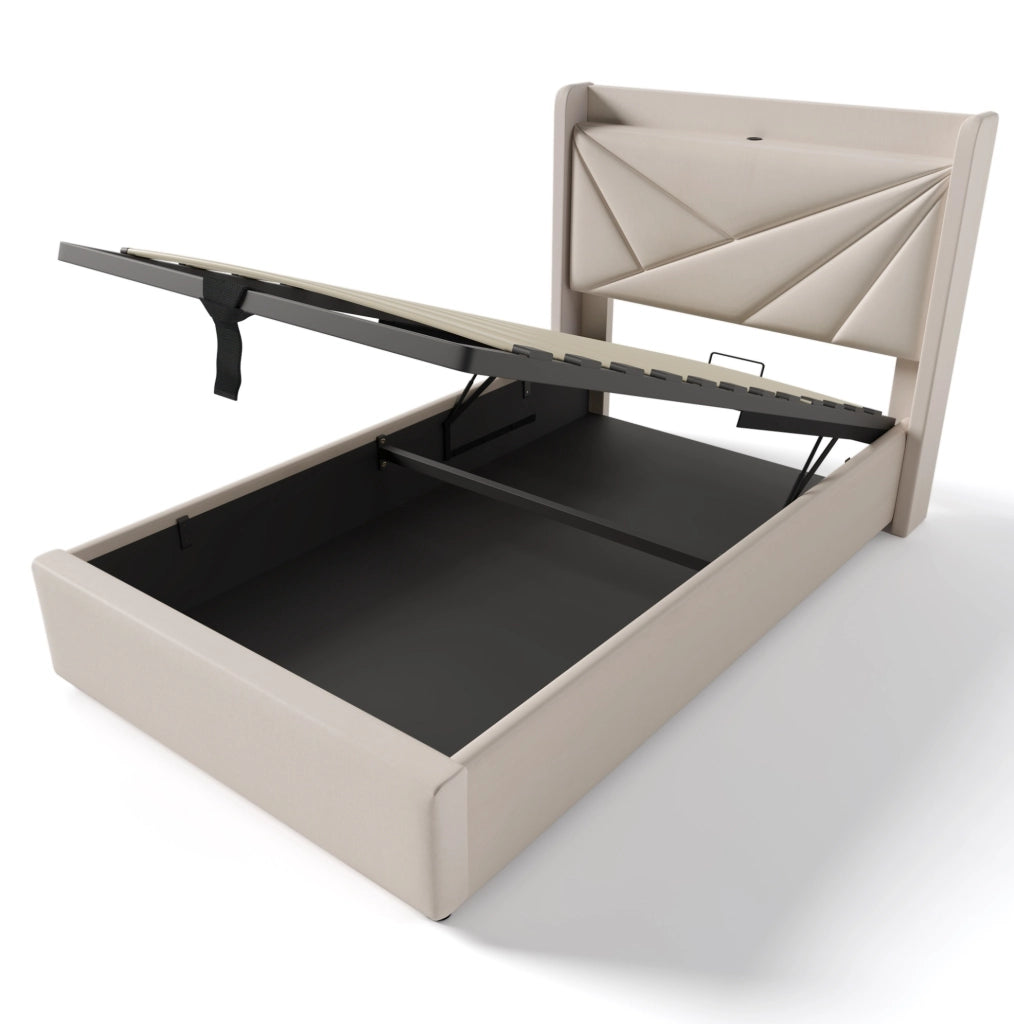Letto singolo contenitore 90x200 con USB e Tipo C; testiera in cotone e lino beige